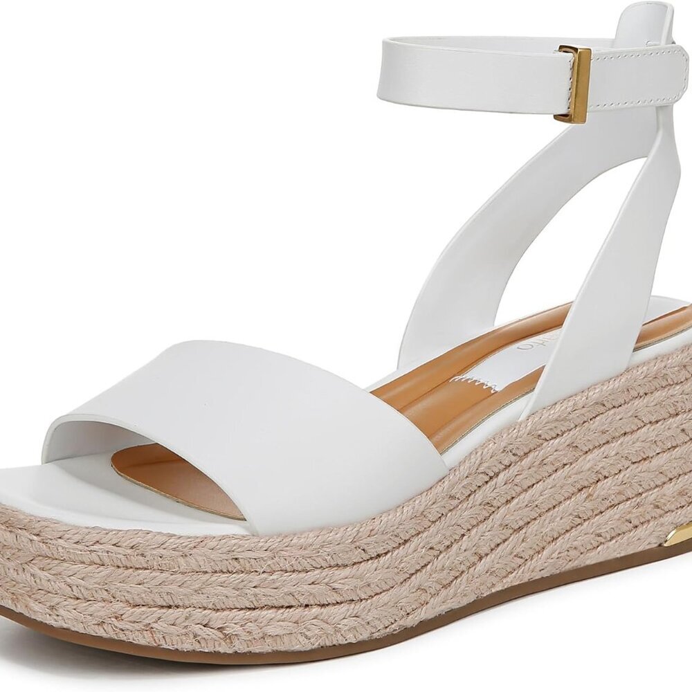 Women's Leather Wedge Sandal 8 White Open Toe Ankle Strap Comfortable